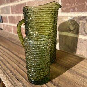 Green Textured Glass Pitcher and Tumbler Set